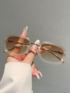 Women's New Frameless Square Fashion Sunglasses, Decorative Lenses, Trendy Metal Leopard Head Leg Design, High-End Style Accessory, All Seasons