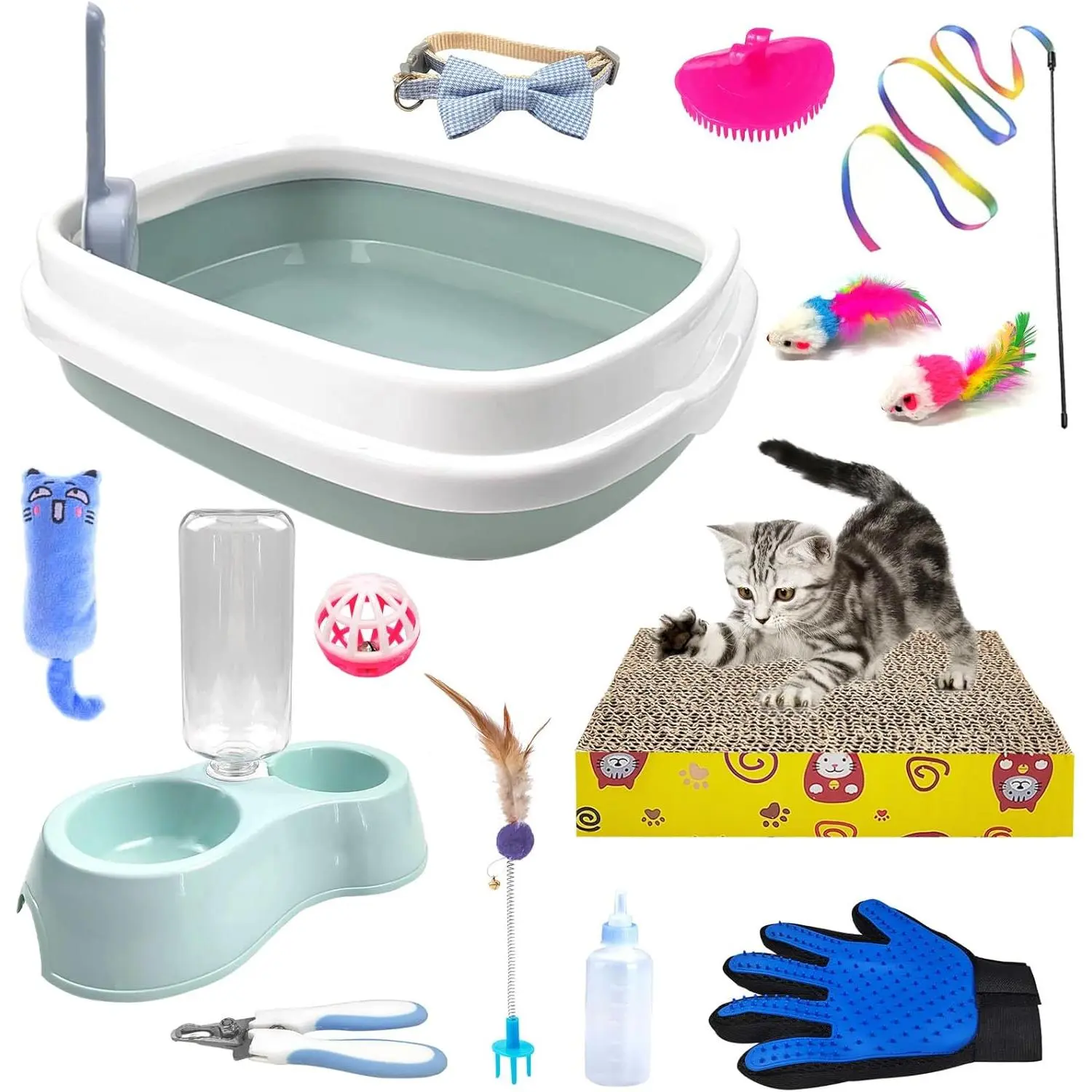 Kitten Starter Kit - 15 count Cat  Set Includes Litter Box, Toys, Collars, Scratch Pad,  File, Automatic Feed , Grooming Gloves