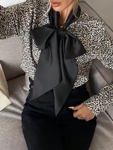A fashionable women's coffee leopard print ribbon bow long sleeved blouse shirt, suitable for commuting to work, shopping and outdoor activities, indoor and outdoor dressing