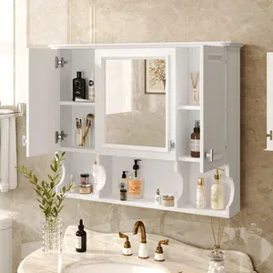 35''x28'' Wall-Mounted Mountable Mirror Cabinets, Modern Bathroom Storage Cabinet with Mirror Panel, Open Display Shelves, Multipurpose Indoor Furniture for Home Washroom