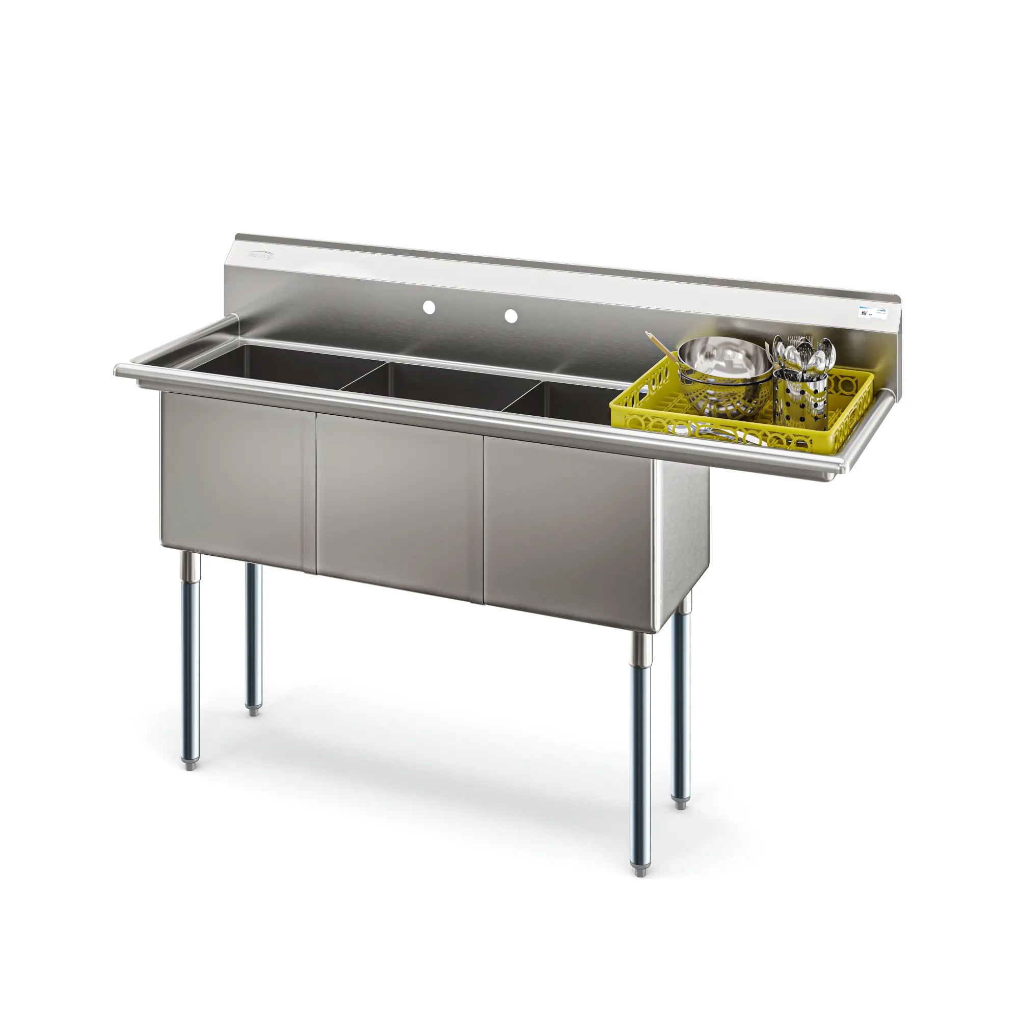 63 in Three Compartment Commercial Sink, Bowl Size 15x15x14, 18-Gauge Stainless-Steel with Right Drainboard (KM-SC151514-15R3)