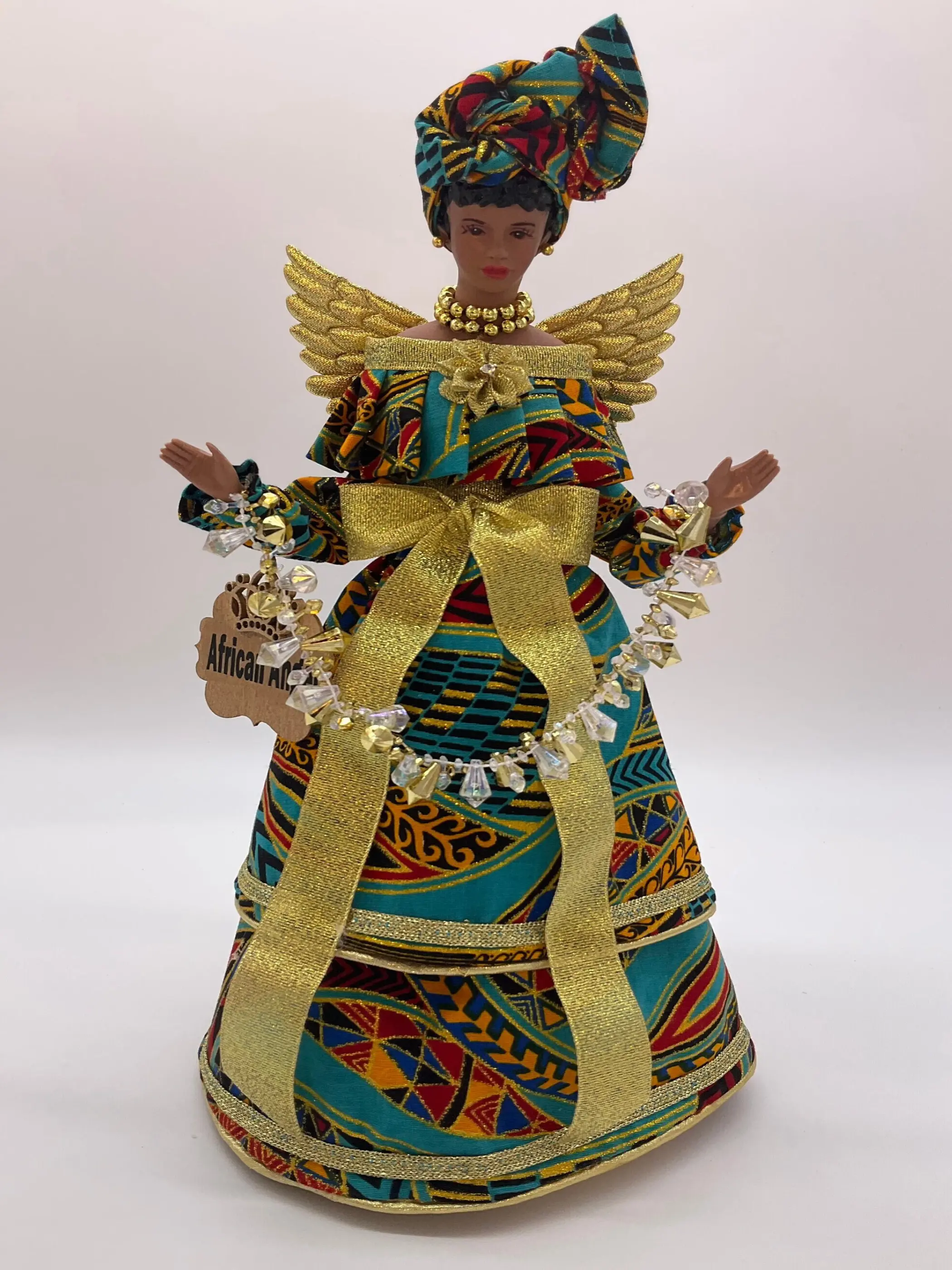 Angel Tree Topper, Gold Christmas Decor, Christmas Angels, Afrocentric Angel Tree Topper, Black Angel - Ankara Turquoise and Gold
