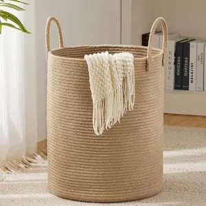 Jute Rope Laundry Hamper Basket by 58L Tall Laundry Basket, Baby Nursery Hamper for Blanket Storage for Bedroom-Large-Jute