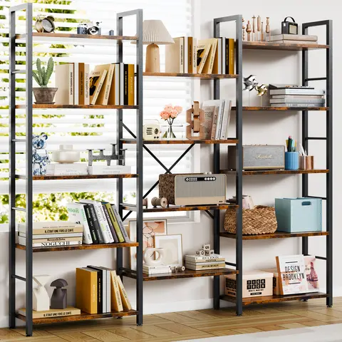 Walsunny 5-Tier Bookcase with 14 Shelves, Open Display Book Shelf with Metal Frame, Book Shelf for Home Office, Rustic,Freestanding Industrial Ladder