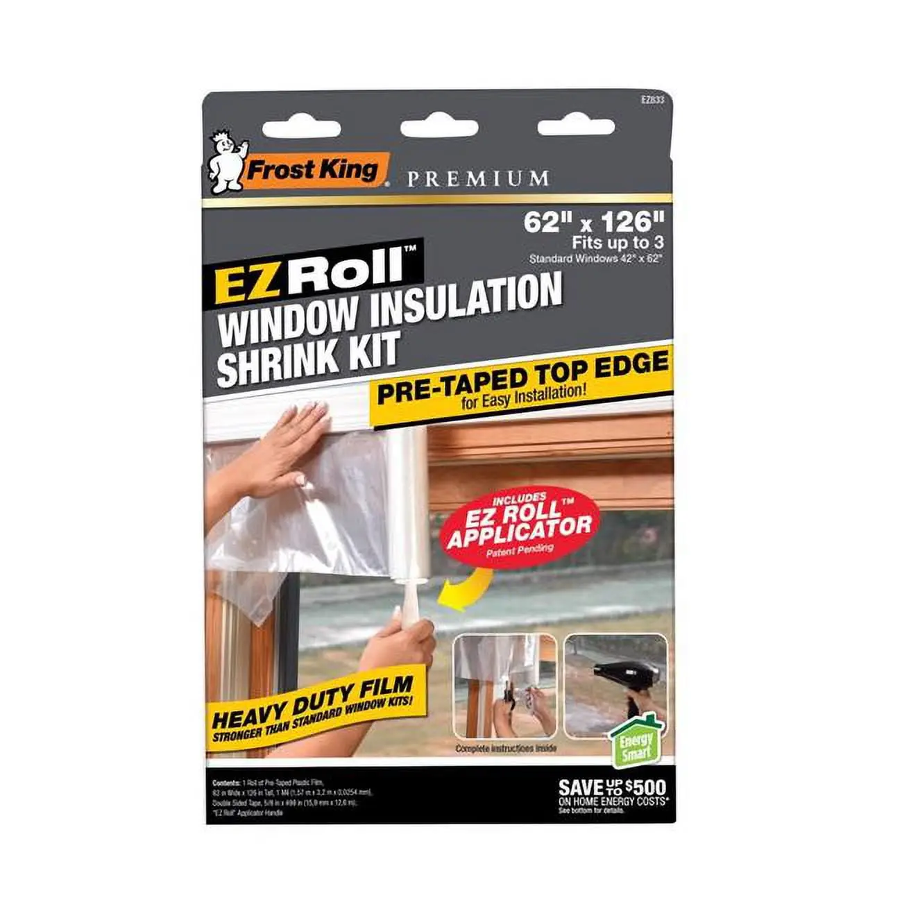 212 MAIN Frost King EZRoll Indoor Window Film Insulator Kit, 62x126 in. Heavy Duty Pre-Taped Window Insulation & Energy Saving Kit