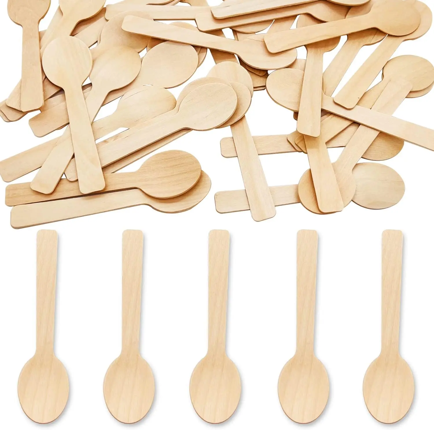 200-Count 4-Inch Mini Wooden Spoon Set, Sturdy Disposable Birchwood Cutlery, Biodegradable Compostable Kitchen Tableware for Ice Cream