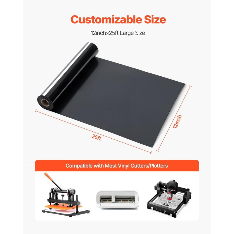 VEVOR Heat Transfer Vinyl, 12 in x 25 ft, Glossy Black HTV Iron on Vinyl Roll, Easy to Cut and Weed, Strong Adhesion, Compatible with Cutting Machines, for Various Materials, T-shirts, Pillows, Hats