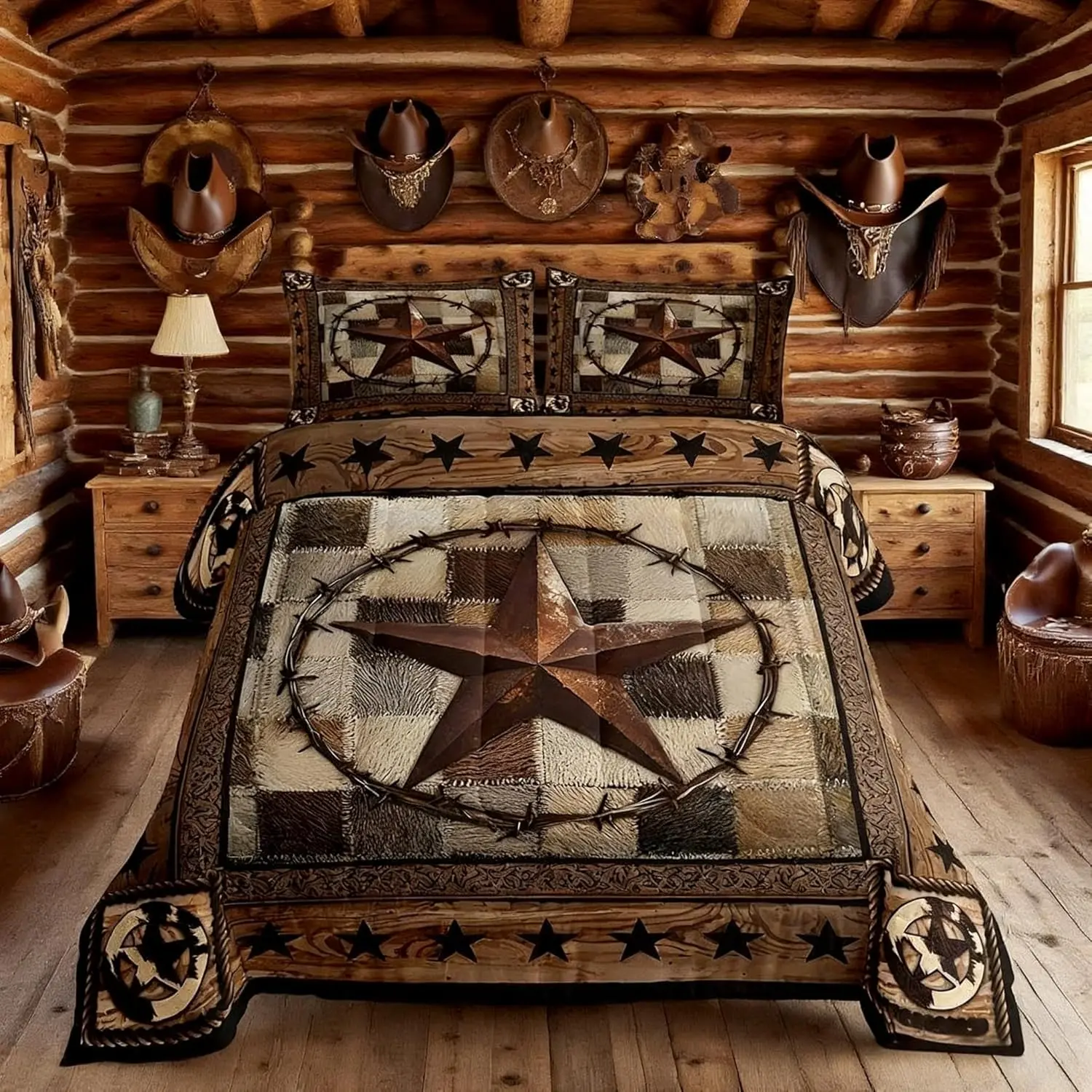 Western Texas Star Comforter Set,Cow Fur Patchwork Rustic Farmhouse Bedding Set Adults Room Decor,Cowboy Wooden Plank Qulit Set,Brown Country Duvet Insert
