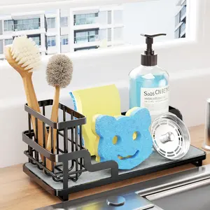 Sponge Holder for Kitchen Sink - Sink  Organizer with Water Absorbing Stone Tray, Detachable Brush Holder, Stainless Steel Kitchen Counter Organizer Rack, Black