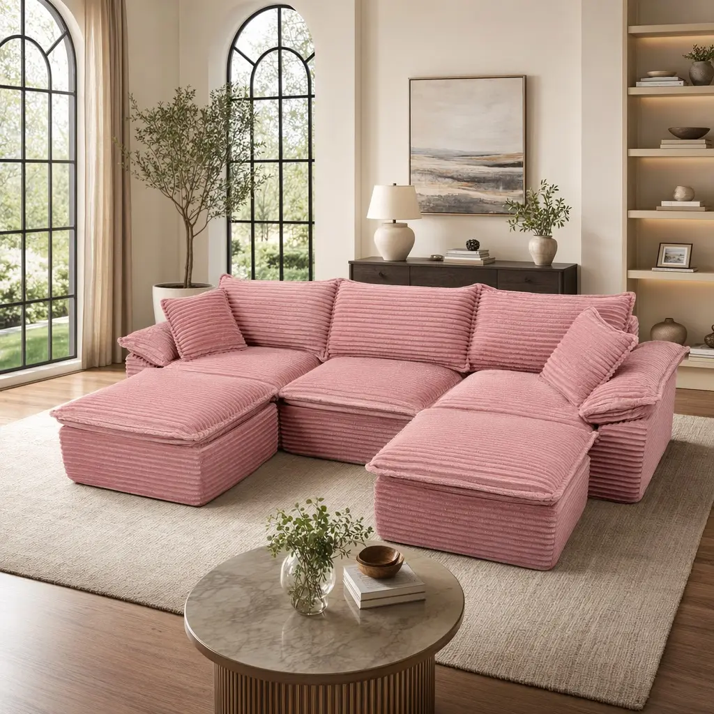 Oversized U-Shape Sectional Sofa 113" Cloud Couch with Movable Ottoman, Corduroy Fabric, Pillow Top Arms, Cushion Back, 5-Seat, No Assembly, Soft Comfy Modern Living Room Furniture, Pink, Pink Color Options, Fabric/Foam Material