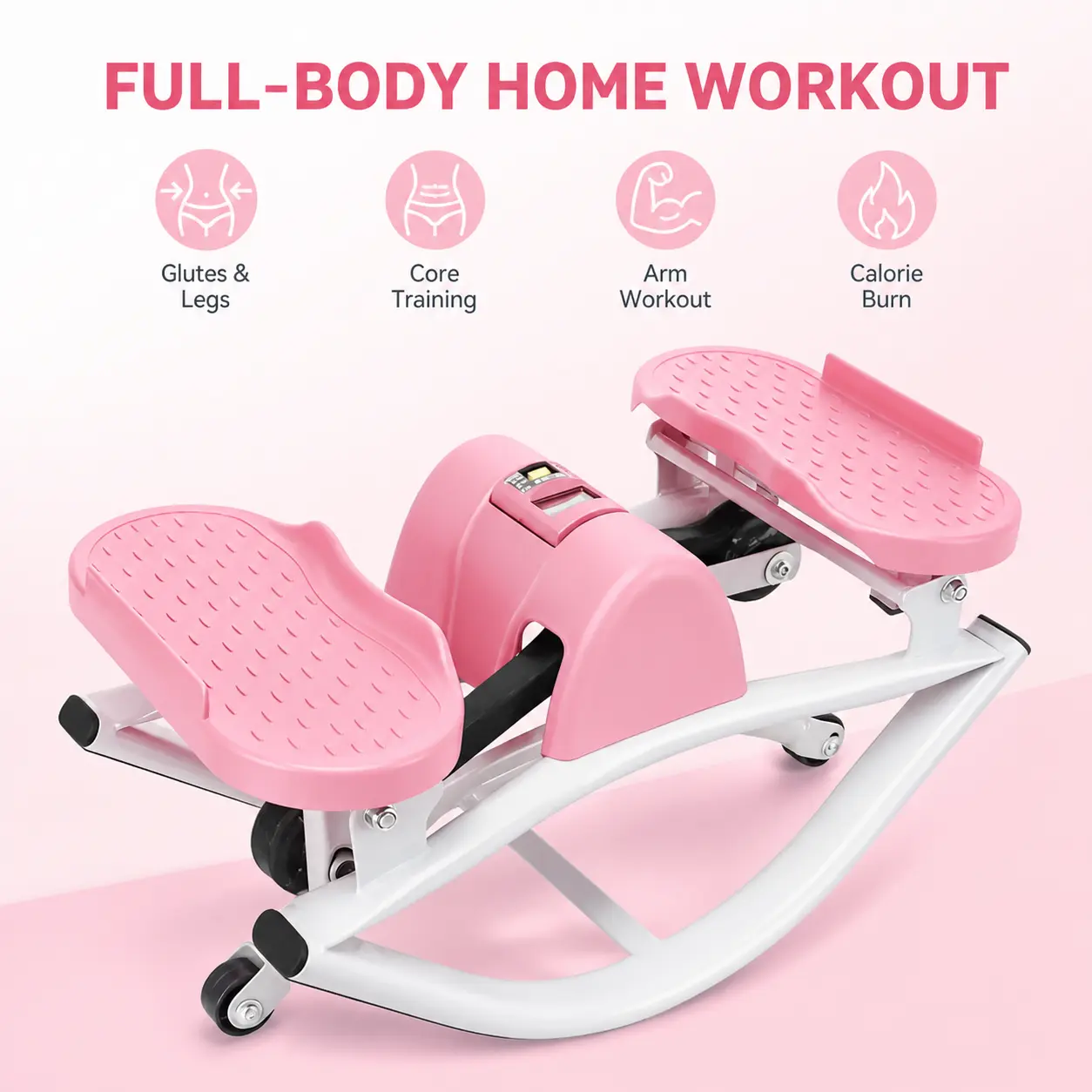 Portable Dual-Pedal Twist Workout Trainer with Digital Activity Counter, Curved Stable Base, Non-Slip Massage Footplates, Matching Resistance Pull Ropes for Indoor Household Daily Fitness Training Exercise pink stair stepper
