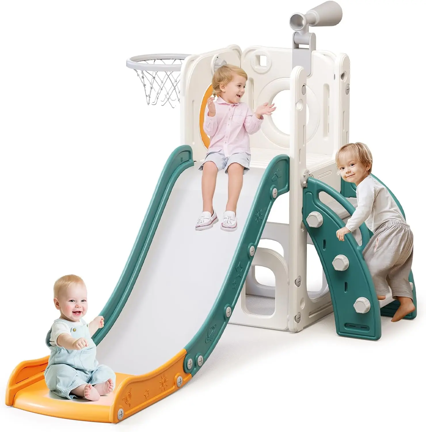 6-in-1 Toddler Slide Playset, Indoor Outdoor Kids Slide with Basketball Hoop, Ball Toss Game & Non-Slip Steps, Gift for Boys & Girls Ages 1-5