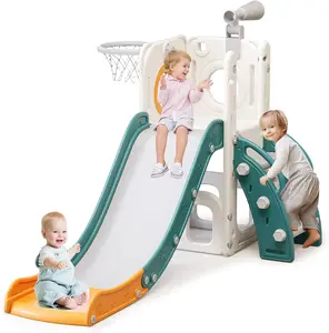 6-in-1 Toddler Slide Playset, Indoor Outdoor Kids Slide with Basketball Hoop, Ball Toss Game & Non-Slip Steps, Gift for Boys & Girls Ages 1-5