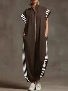 2026 Spring Summer New Zipper Stand Collar Pocket Striped Colorblock Fashion Romper, Trendy One-Piece for Women