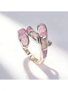 Snake Wrap Ring With Pink Opal,Interlocking Twisted Band with Color Change Opals,Y2K Dainty Stackable Jewelry Gift