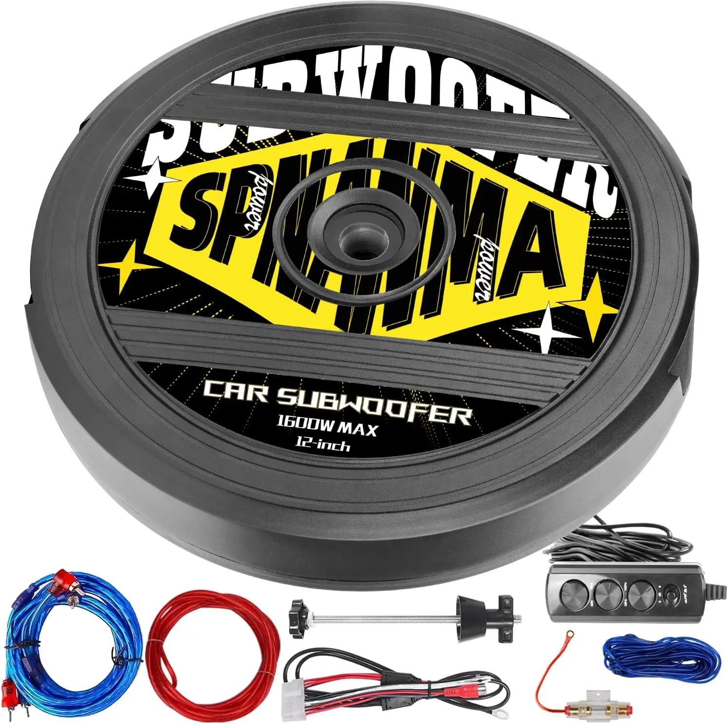 TANVSO Powered 12-in Aluminum Spare Tire Car Subwoofer - Built-In Amplifier, Anti-Theft Hidden Design, 400W RMS Deep Bass, 1600W Peak, Bass Boost, Plug-N-Play Easy Car Audio Installation, Fits 15/16/17-in Wheels, Subwoofers, 12-Inch