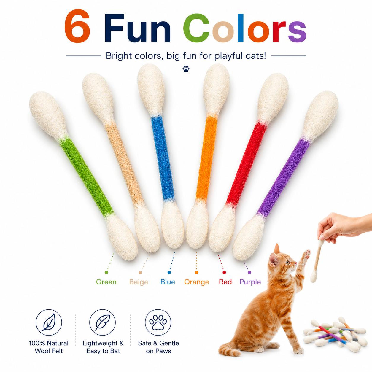 6-Pack Giant Q-Tip-Shaped Cat Toys, Soft Felt Cotton Swab Teething Sticks, Durable Interactive Play Indoor Use Pet Accessories for Kittens, Dental Cleaning, Anxiety & Boredom Relief Daily Entertainment Gifts