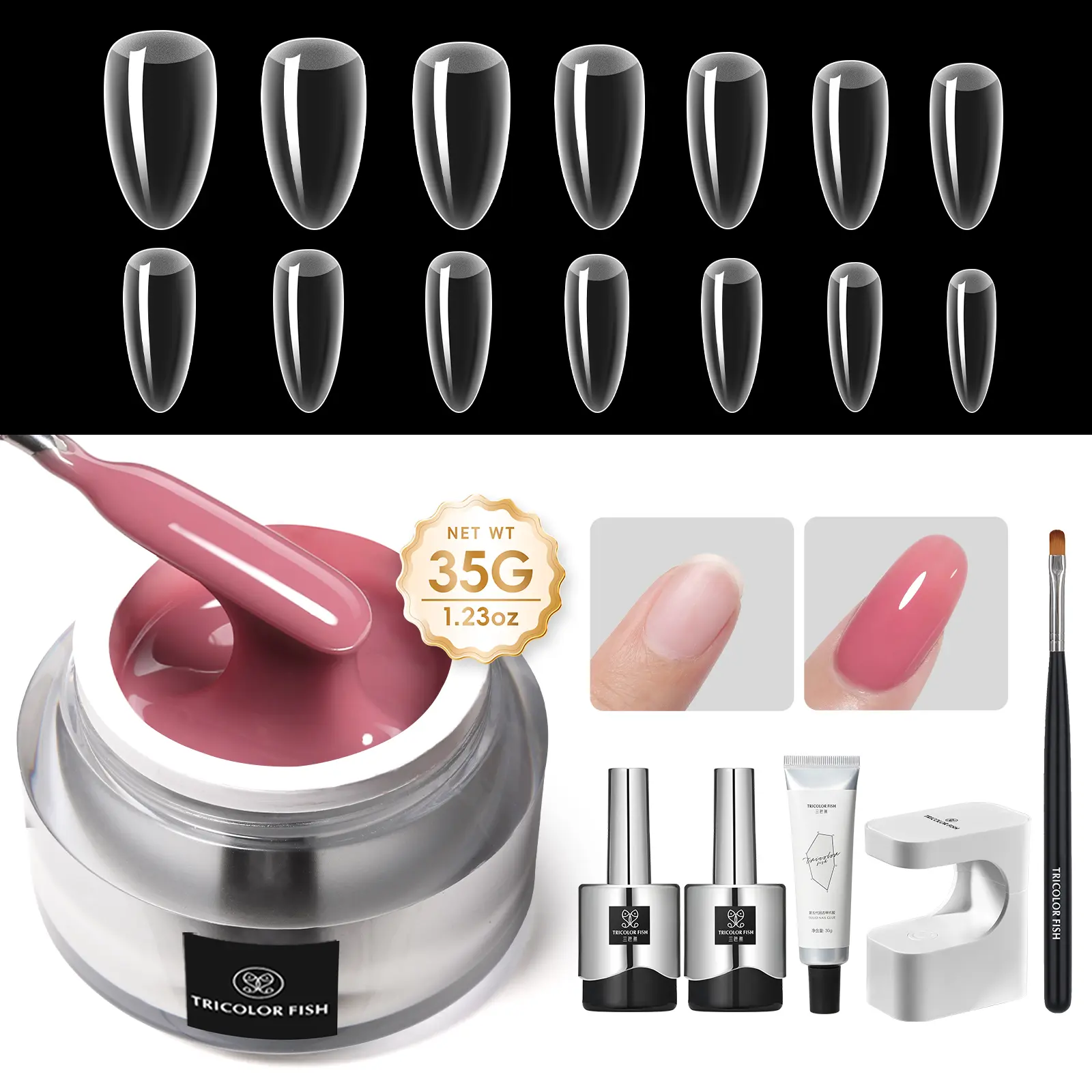 TRICOLOR FISH 280-Piece Nail Extension Gel Kit with Reinforcing Builder Gel, Complete Nail Care Set in 4 Shades with Mini Curing Lamp, Base & Top Coat, Tricolor Kit