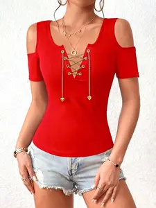 Women's V Neck Short Sleeve Heart Design Metal Chain Decoration Casual Summer Top, Elegant Plain Color Ladies Tee Shirt