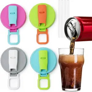 4 Pack Soda Can Lids with Silicone Straw, Reusable Soda Can Covers to Keep Carbonation, Leak-Proof BPA-Free Can Tops for 2.13" Standard Soda, Beer & Energy Drink Cans (4 Color)