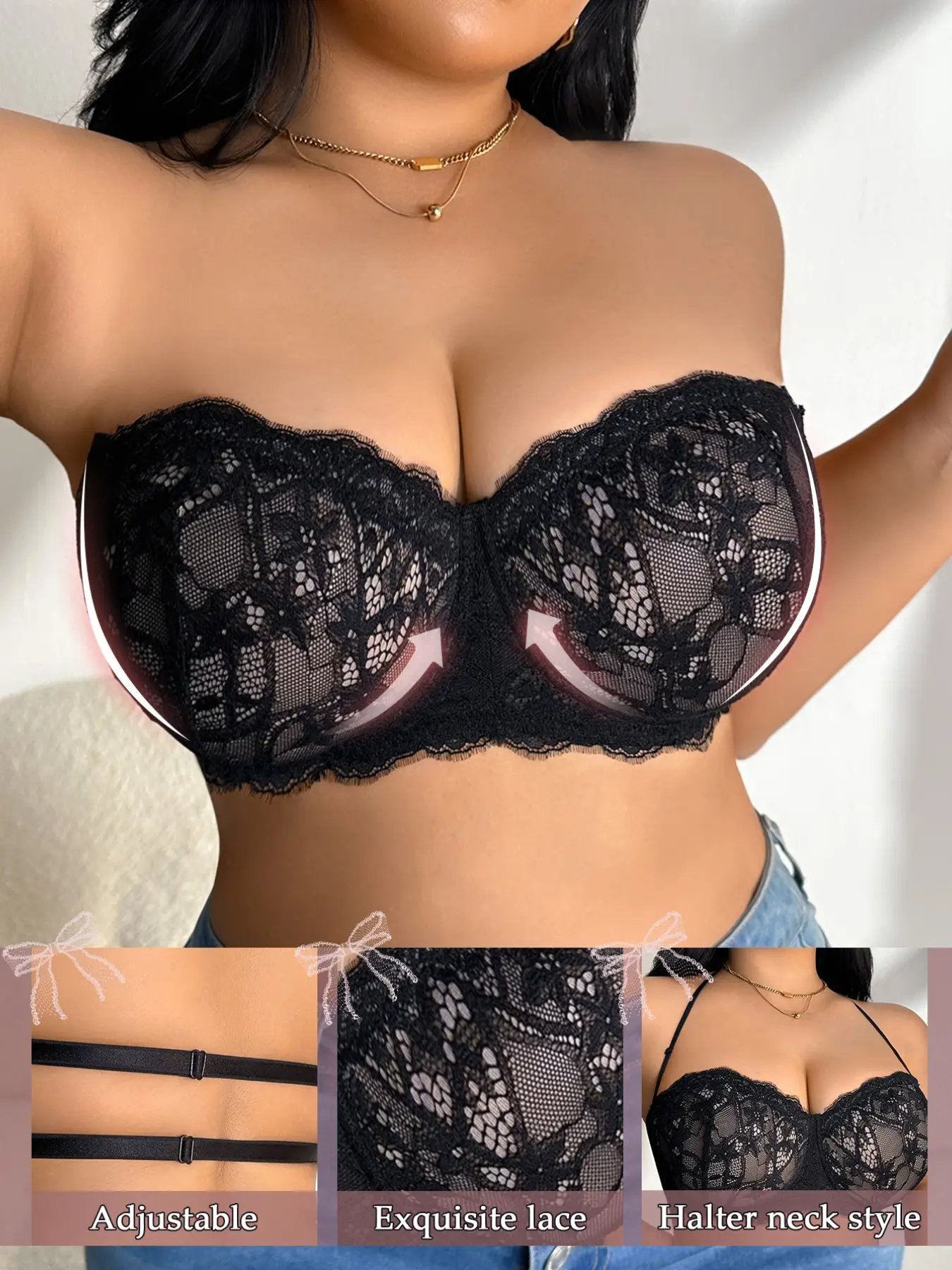 Women's Lace Strapless Bra, Push-Up Shapewear, Detachable Straps, Halter Neck, Party Wear, Underwire Max Support, Plain Pattern, Unlined