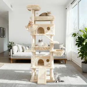 PurrFest 80in/65in Larger Cat Tree Tower Condo, Multi-Level Furniture Cozy Plush Cat Perches/Baskets/Sisal Scratching Posts and Hammock