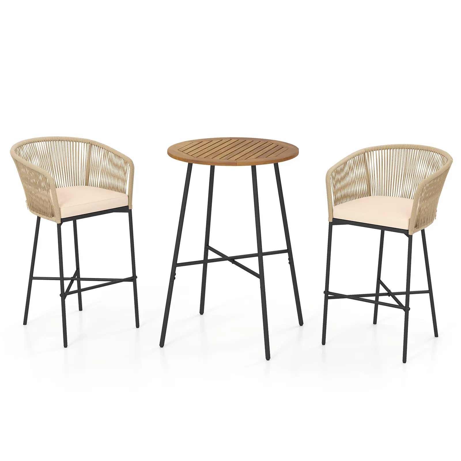 COSTWAY - 3 Pieces Rope Woven Patio Bar Set with Soft Cushions and Acacia Wood Tabletop-Beige