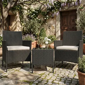 3 Pieces Patio Furniture Set, Rattan Outdoor Conversation Bistro Set With 2 Upholstered Chairs & Coffee Table, Black+Beige Thick Cotton Cushion, Weather-Resistant, For Garden/Backyard/Porch