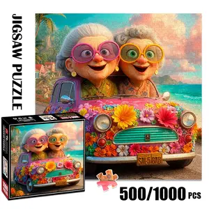 1pc 1000 piece adult puzzle 58x58cm Two Elderly Ladies in Floral - Decorated Car by the Beach 500 pieces of paper puzzle, suitable for adults and families, large-scale DIY puzzle interactive toy Family puzzle