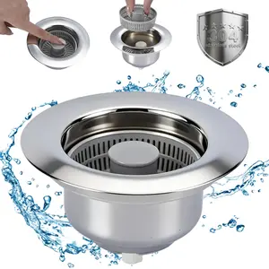 Sink Drain Strainer - Kitchen Sink Stopper, 3 in 1 Kitchen Sink Drain Strainer with Anti-Clogging Basket, Fit US Standard 3-1/2'' Sink Hole