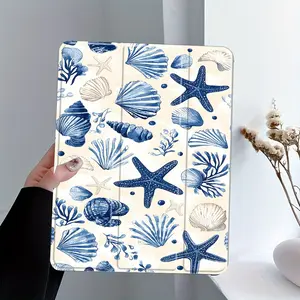 Coastal Watercolor Ocean Life iPad Case, Blue Seashell & Starfish Print Protective Cover Auto Wake/sleep,Anti-Drop Scratch-Resistant,Transparent Acrylic Back,Fits iPad 7.9/8.3/10.2/10.5/10.9/11/12.9 13 inch,Shock-resistant Full Cover Ideal for Office