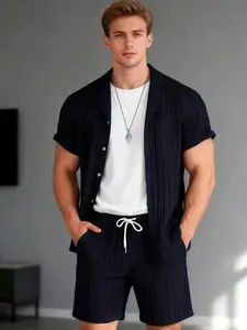 Men's Navy Vertical Stripe 2-Piece Casual Menswear Outdoor Set - Short Sleeve Camp Collar Shirt & Matching Drawstring Shorts, Breathable Lightweight Fabric, Loose Fit for Hiking, Beach Days & Summer Outdoor Activities