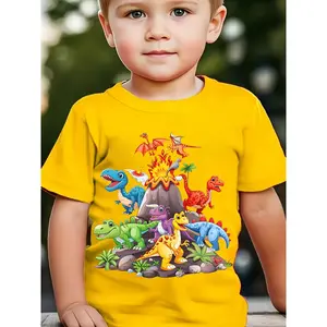 Summer Fashion Boys' Short Sleeve T-Shirt with Various Dinosaurs Standing on Mountain Cartoon Pattern Print, Casual Top NY-DX8183