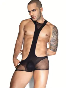 Men's Erotic Fishnet Bodysuit, Transparent Hollow Out Shaping Shirt, Slim Fit Sexy Temptation, Suitable for S-L