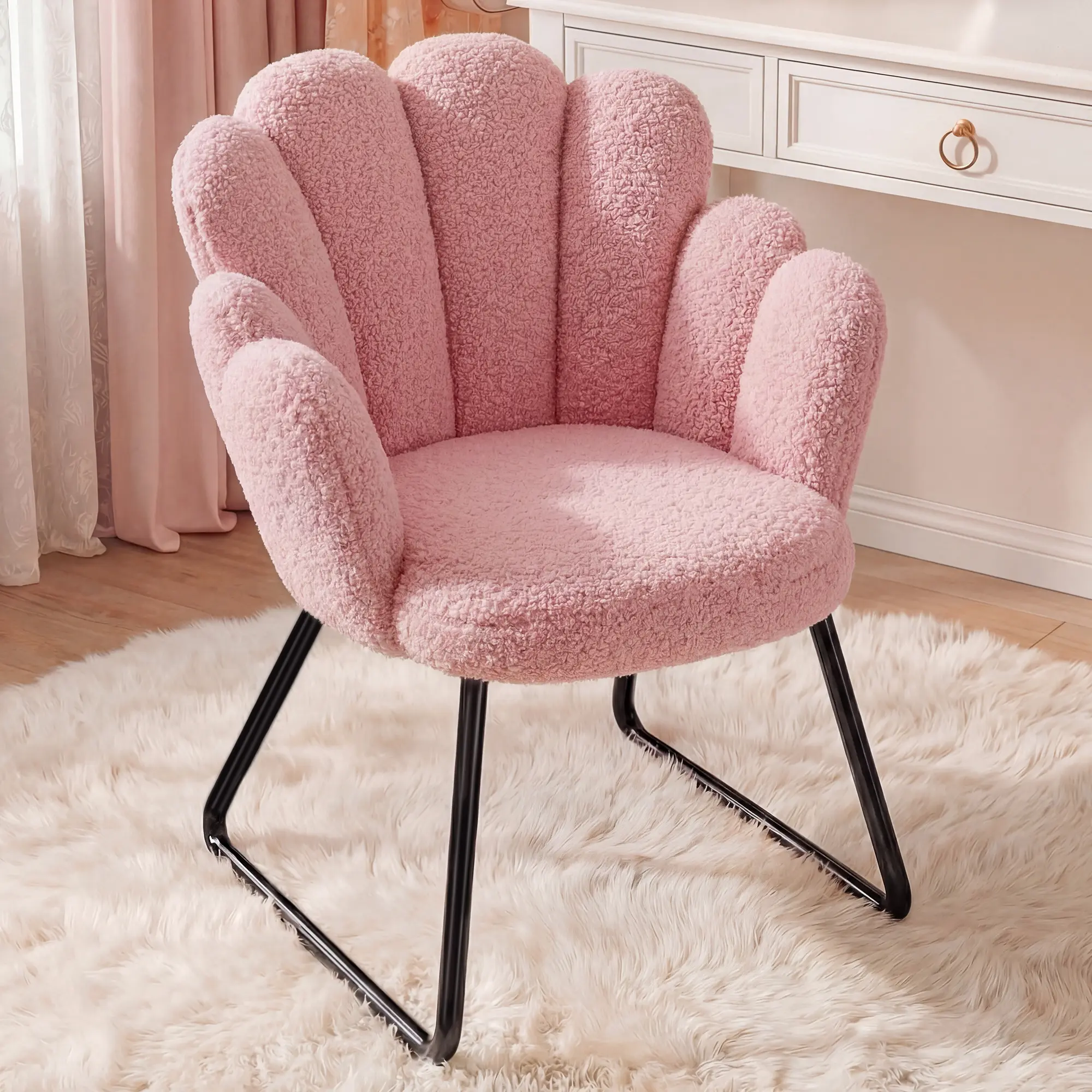 Raybee Makeup Vanity Chair with Back & Armrests, Teddy Fleece Upholstered Accent Chair with Metal Legs, Cute Petal Vanity Stool Desk Chair for Living Room Bedroom Dressing Room