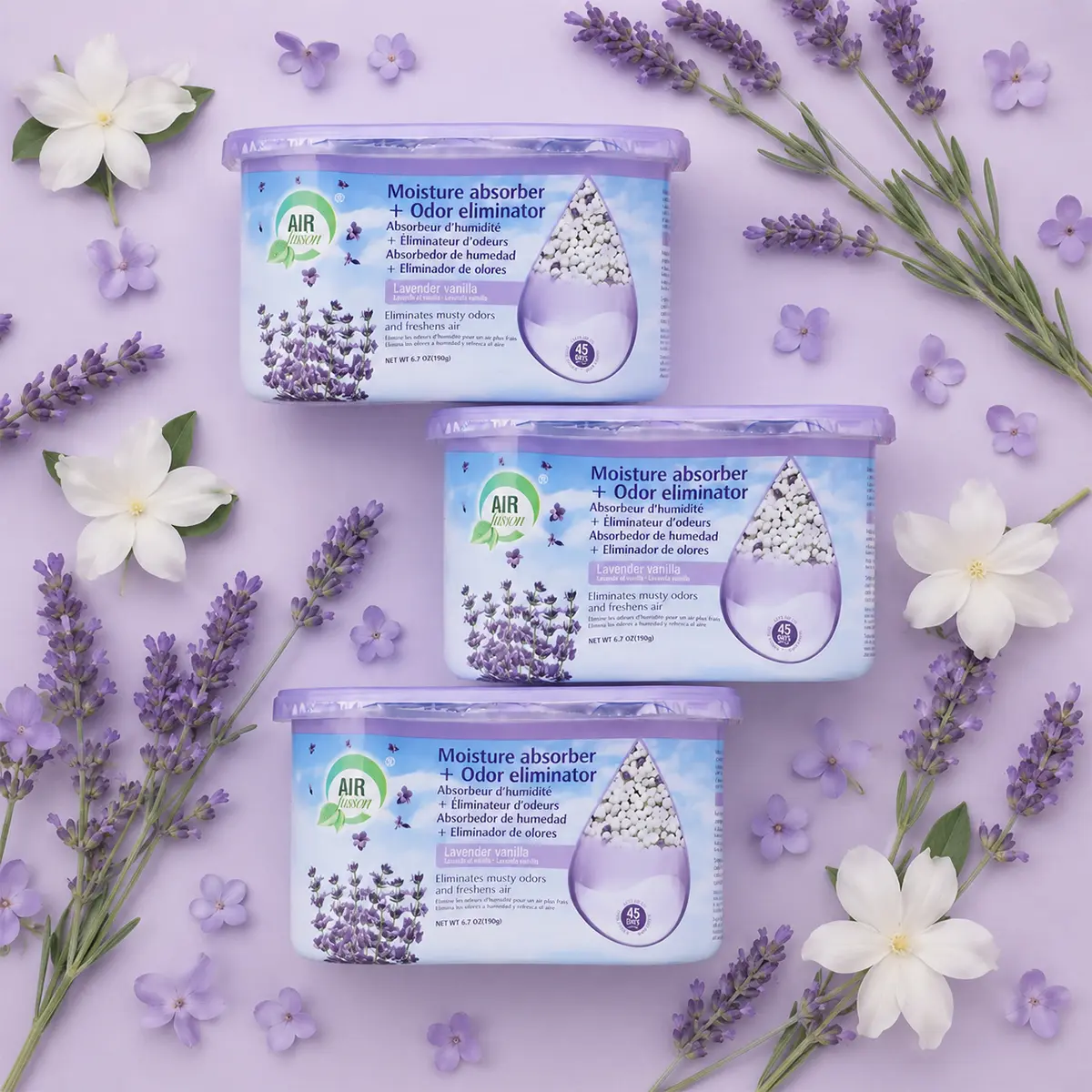 Air Fusion Bamboo Charcoal Aluminium Foil Moisture Absorber 3-Pack, 6.7oz Spill-Proof Dehumidifier with Lavender Vanilla Fresh Scent, 0-500ml Capacity, Odor Control for Closet, Bathroom