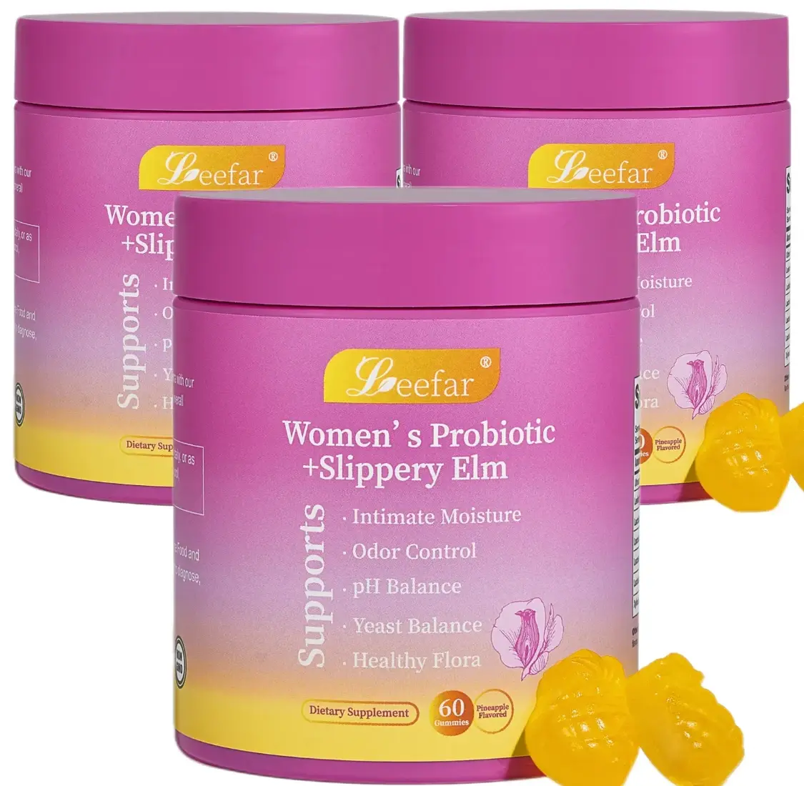 LEEFAR Her Juicy Feminine Probiotics Gummies- All in One Solution with Slippery Elm and Prebiotics&Lactobacillus Probiotic Blend for Womens pH Balance and Dryness - Hawaiian Pineapple Gummies 60 Count probiotics women