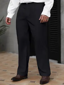 One men’s straight dress pants set, urban casual style with a high waist and single button design, featuring crisp pleated lines and smooth fabric that exudes a premium feel. The loose straight fit flatters the leg line, suitable for urban men for everyda