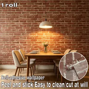 1 roll of industrial-style red brick pattern self-adhesive wallpaper. Easy to cut, apply, and clean; thick and opaque. Suitable for wall decoration in living rooms, kitchens, bedrooms, bathrooms, and more. DIY decorative wallpaper.