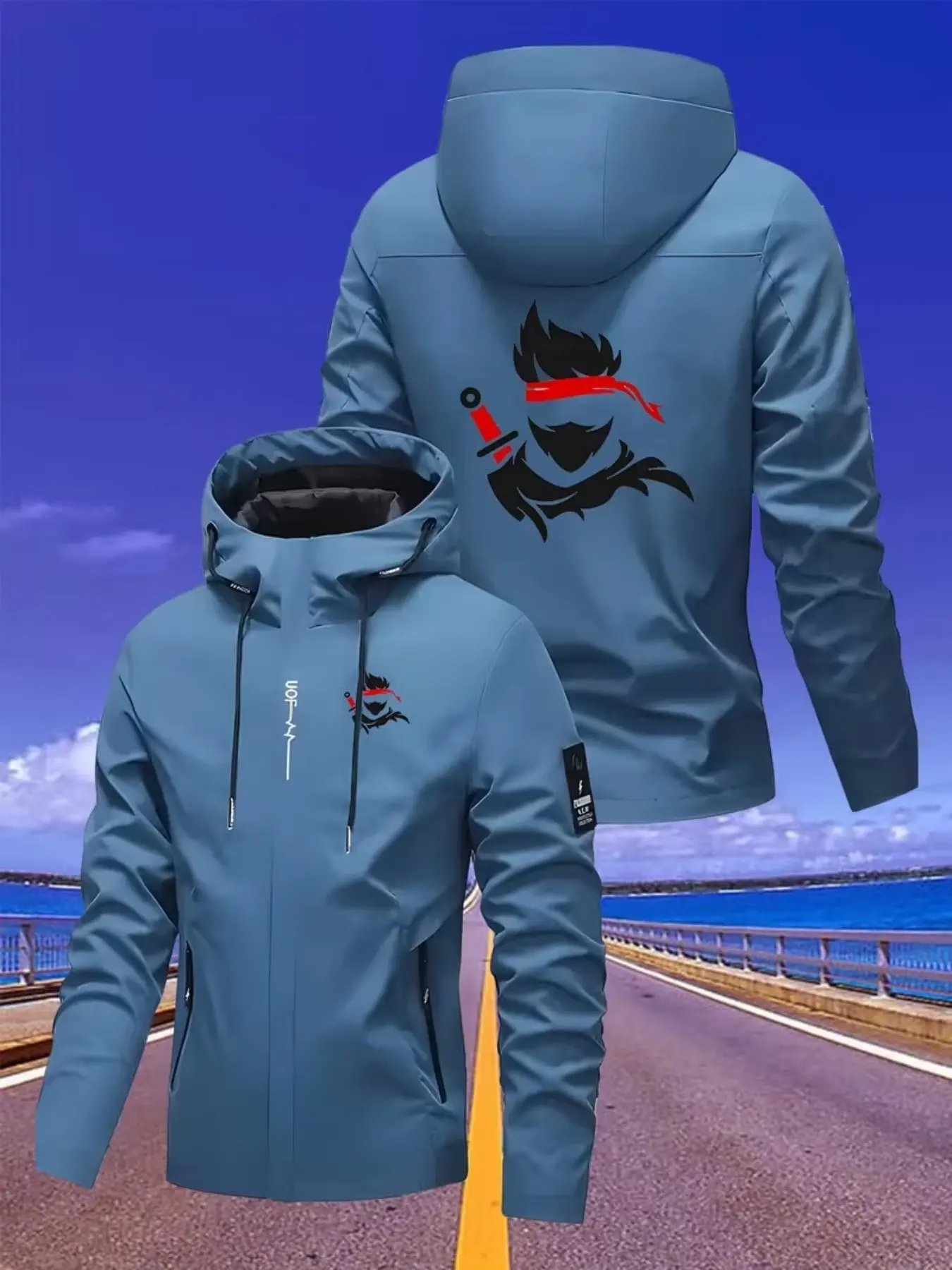 Men's Fashion Street Style Ninja Pattern Hooded Jacket, Adjustable Drawstring Design, Unique Art Print Casual Wear, Comfortable Versatile Outerwear
