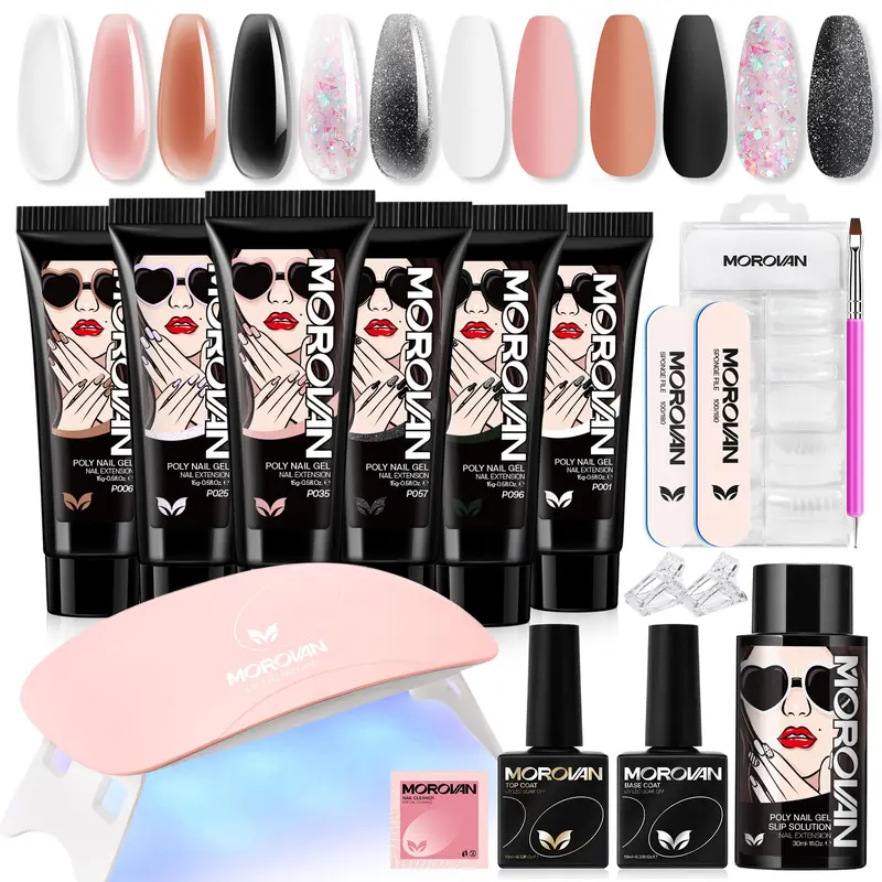 Morovan Poly Gel Nail Kit with Bottle, UV Lamp, Acrylic Supplies & Detailed Guide - Non-Toxic, 30+ Days Wear, Middle-Length Options, 24 Months Durability for Beginners & Adults, Easy At-Home Festive Gel Manicures