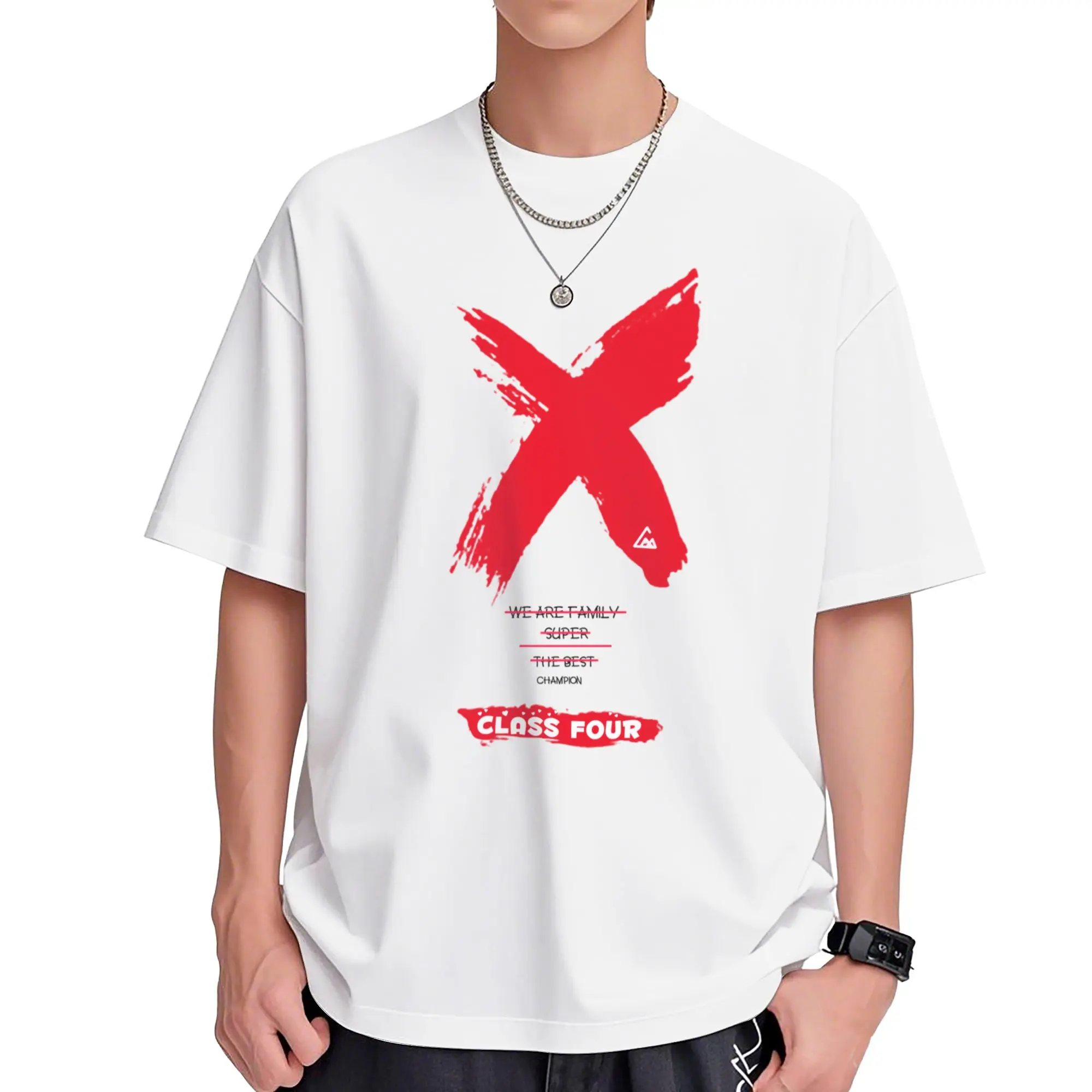 Men's White Oversized Round Neck Tshirt - Class 4 Team Graphic, Simple Stylish Casual Streetwear Top for School Group Activities