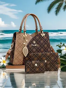 New Geometric Pattern Print Handbag Set for Women, Fashionable Versatile Large Capacity Spacious Three-Piece Tote Shoulder Crossbody Bag, Stylish and Practical Daily Use