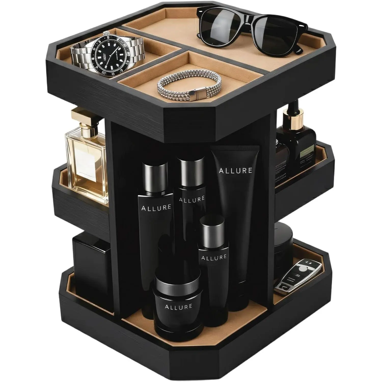 3-Tier Metal & Suede Rotatable Cologne Perfume Display Organizer - Home Supplies 360° Turntable Tabletop Rack, Vanity & Desk Storage Holder for Jewelry, Ideal Gift for Husband on Birthday & Father's Day