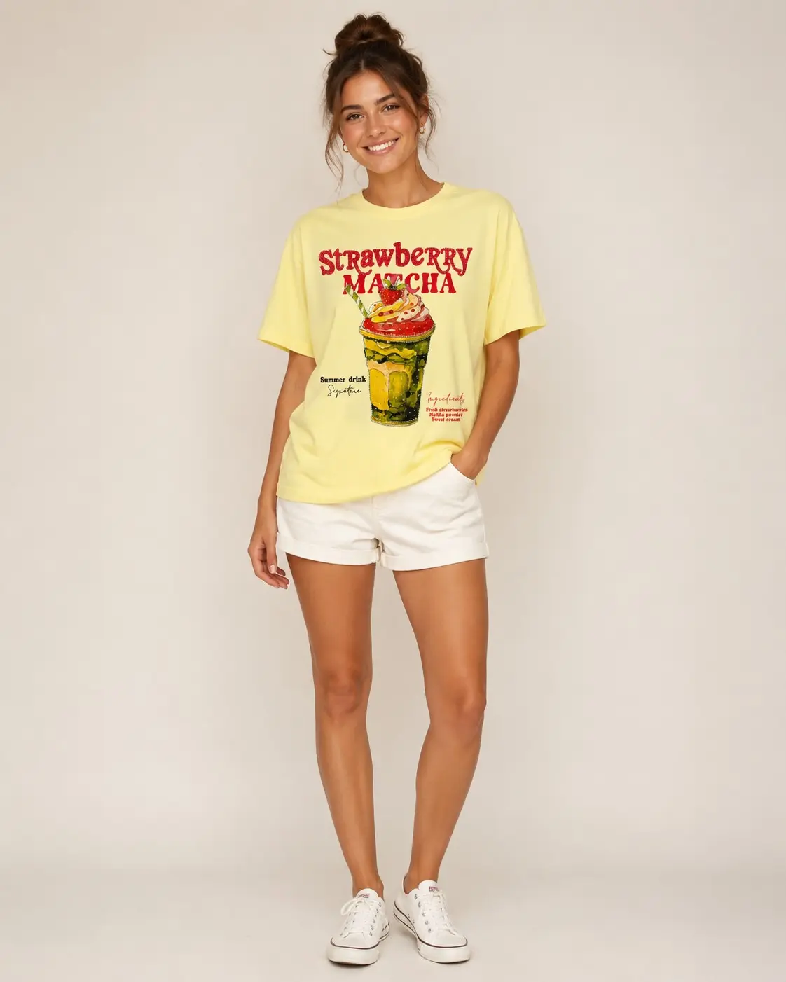 Strawberry Matcha women Graphic T-shirt with rhinestone yellow