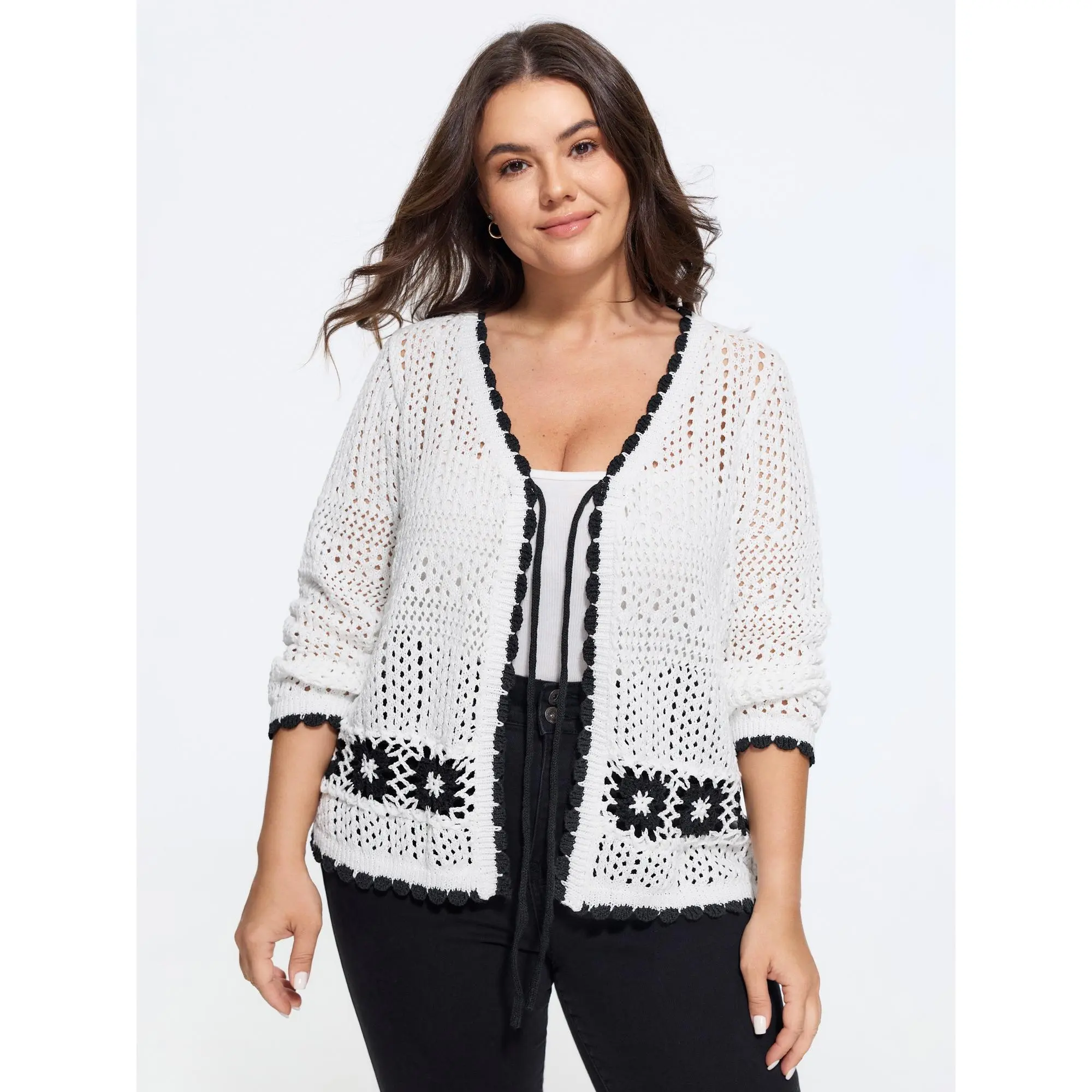 BLOOMCHIC Plus Size Floral Contrast Hollow Drawstring Cardigan[M-6X] Summerfinds