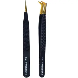 2pcs Black Straight and L-Shaped (Boot) Gold Pointed Eyelash Tweezers for Lash Extension - Stainless Steel Precision Tweezers for Volume and Classic Lashes - False Eyelash Extension Kit.