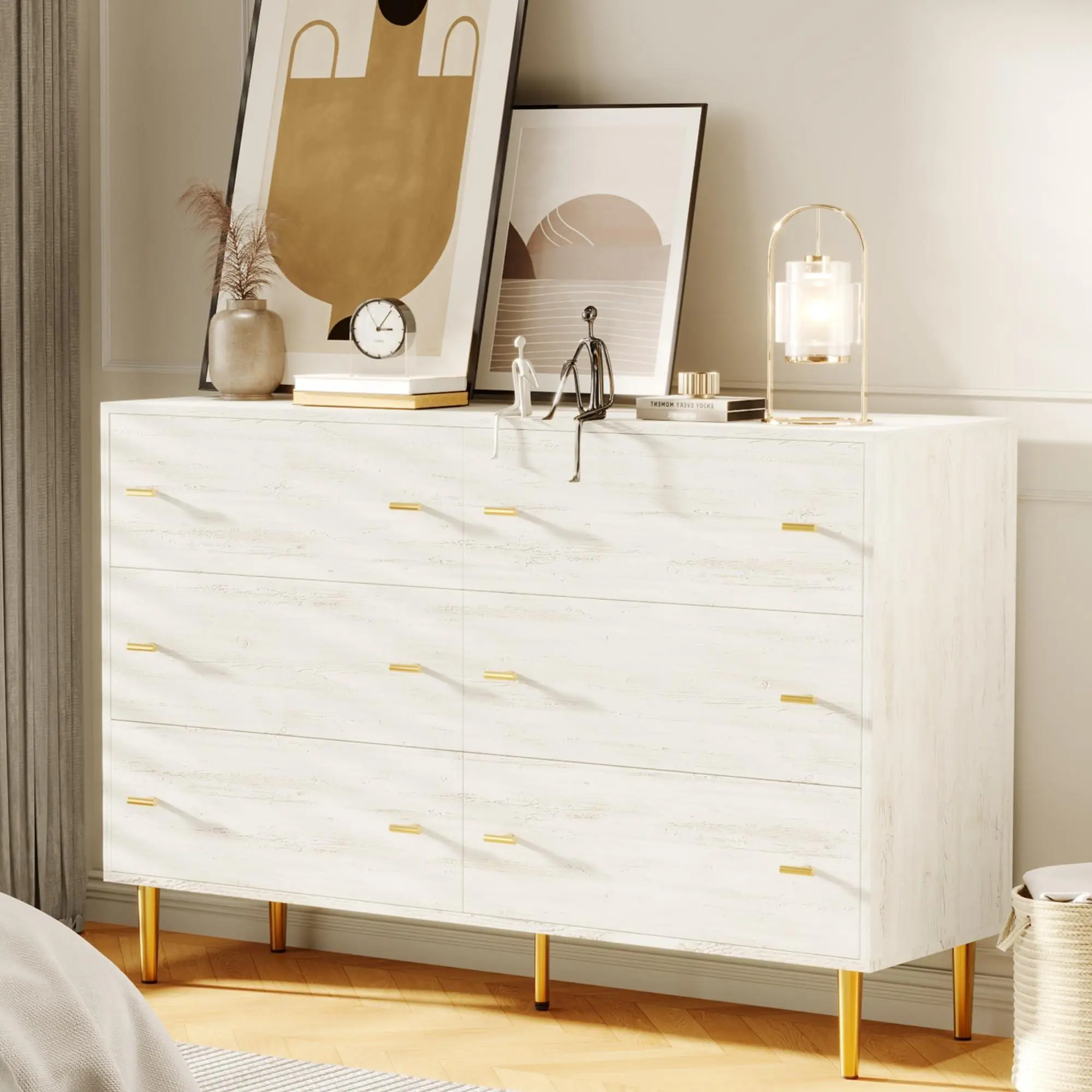 6 Drawers Dresser for Bedroom, 47.2" Wide Solid Pine Wood with Bar Handles, Wooden Double Dressers with Six Large Drawers for Living Room, Hallway