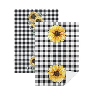 2 Pack itchy grass farm towels  Sunflower Kitchen Dish Towels, Blue & Black Buffalo Plaid Patterns, Highly Absorbent Microfiber Cleaning Cloths for Rustic Farmhouse Decor