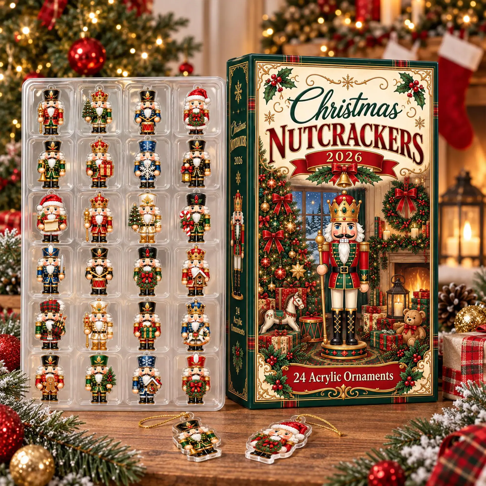 24 Days Christmas Nutcrackers Advent Calendar 2026, 24 Festive Acrylic Hanging Ornaments with Gift Box, Holiday Tree Decor, Christmas Countdown Gifts for Kids & Nutcracker Lovers